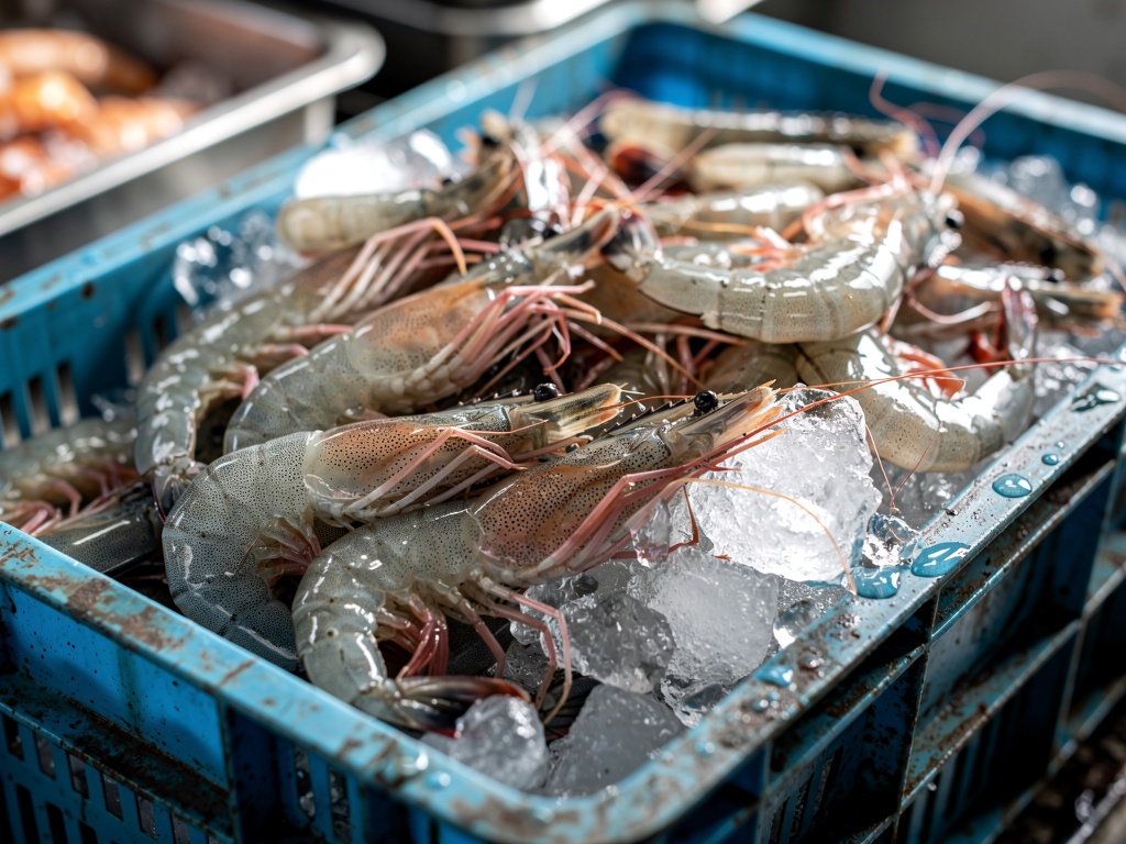 Fresh vannamei shrimp on ice in a crate