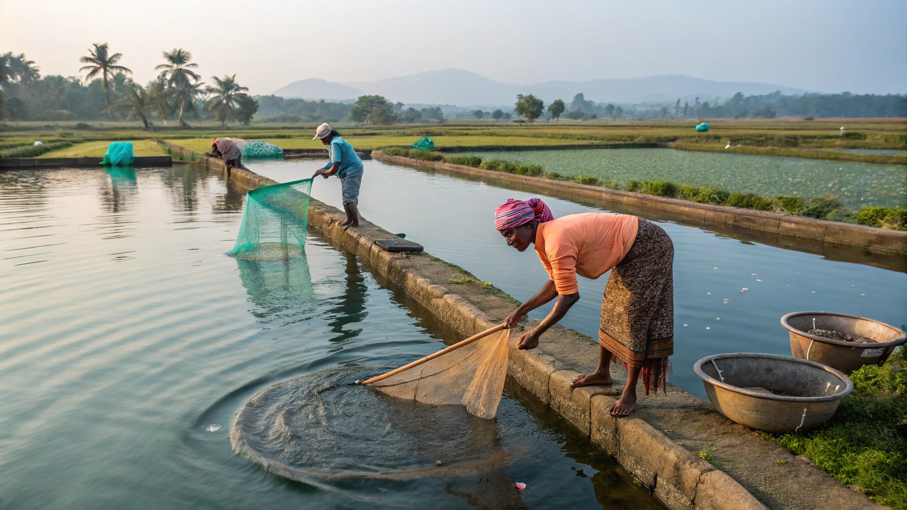 Prawn farming in India showing traditional harvesting methods